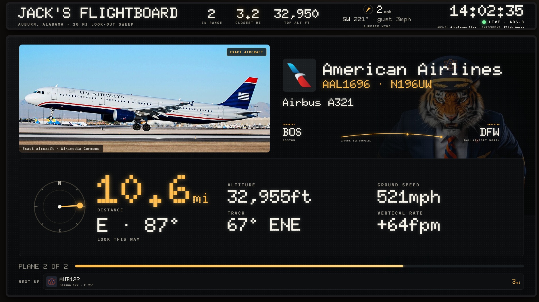 Jack's Flightboard showing live aircraft information near Auburn, Alabama